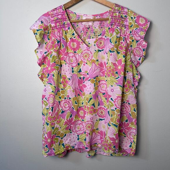 Banjanan Tops - Banjanan Cotton Top Blouse Ruched Smocked Pink Green Floral Anthro Shirt XL